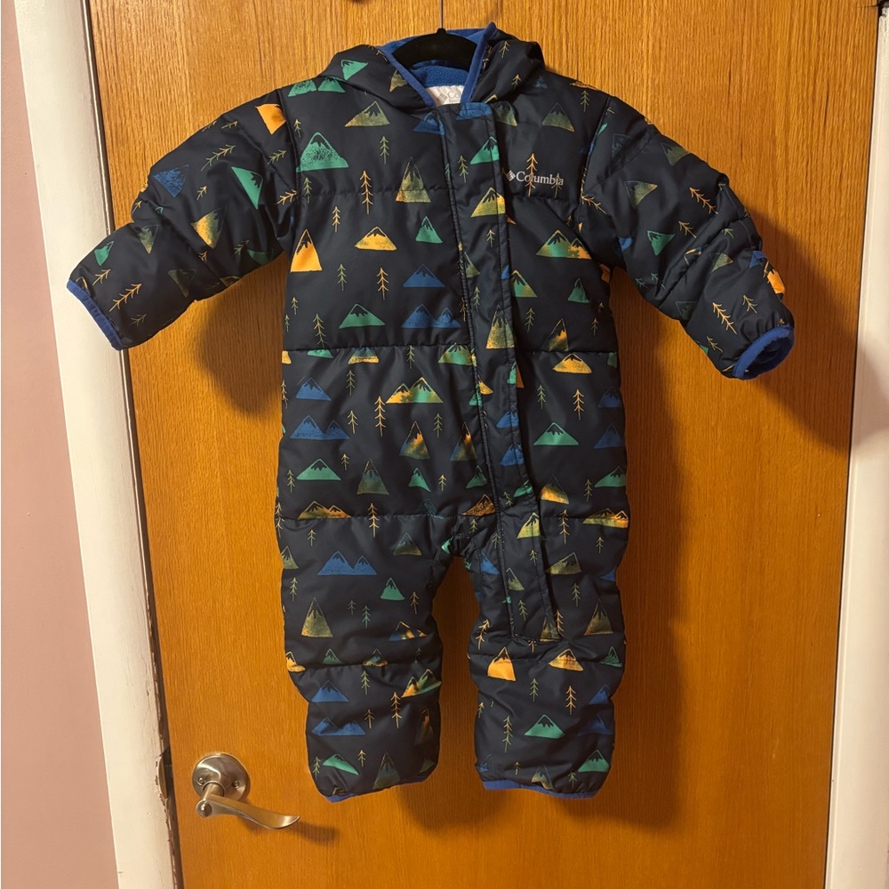 Columbia Kids Navy Mountain-Print Puffer Snowsuit with Green & Yellow Accents